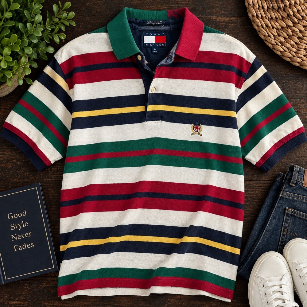 Tommy Hilfiger Polo Shirt Mens M Multicolor Stripe Crest Vintage 90s Preppy